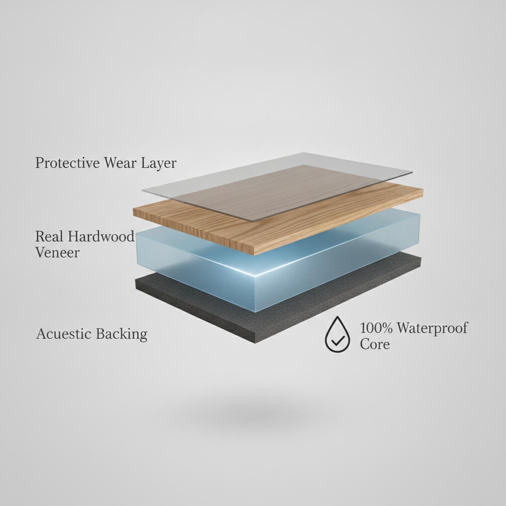 A 3D cross-section of a Bravewood plank showing its four layers: Protective Wear Layer, Real Hardwood Veneer, 100% Waterproof Core, and Acoustic Backing.