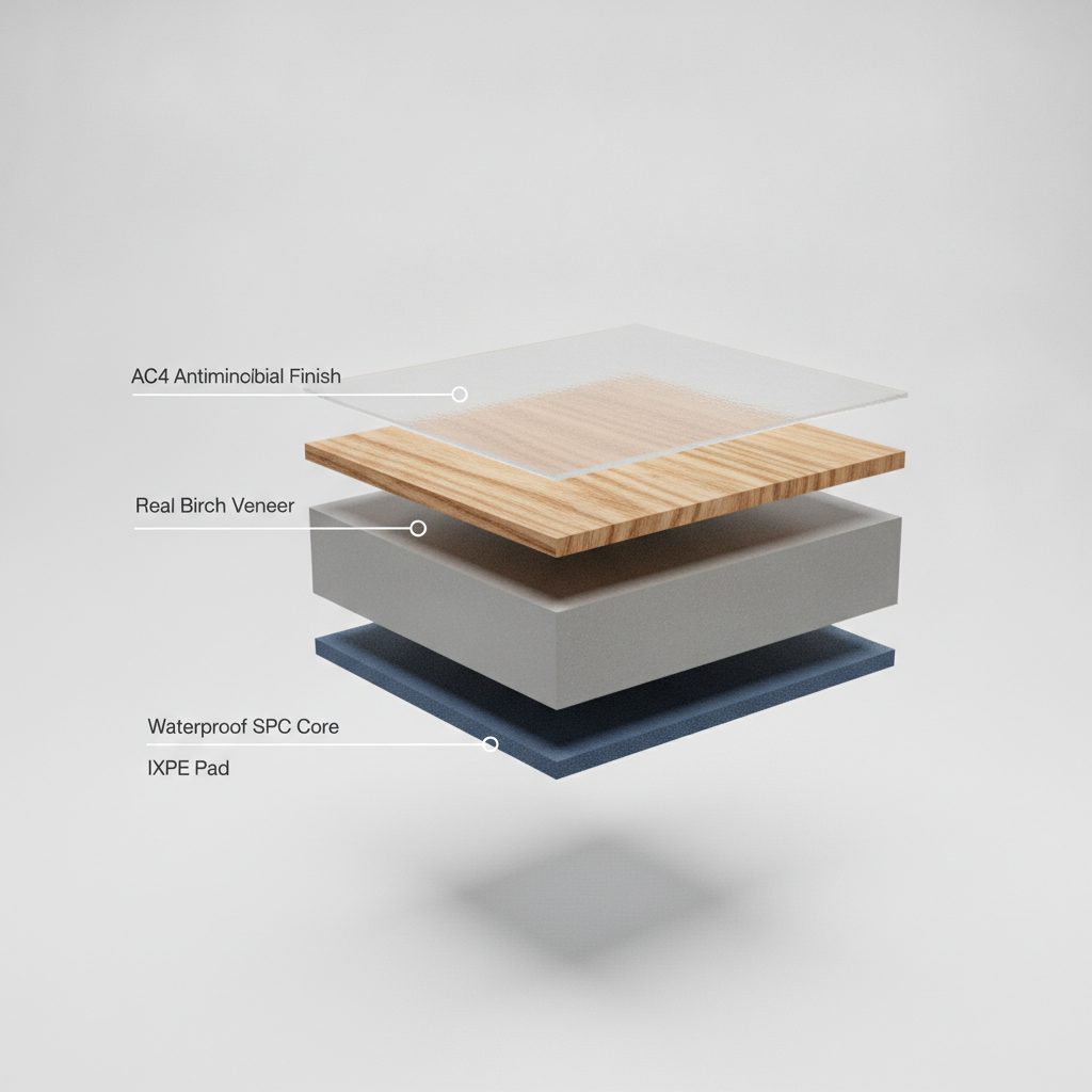 A diagram showing the cross-section of a Bravewood plank, with its four layers labeled: AC4 finish, real birch veneer, waterproof SPC core, and IXPE pad.