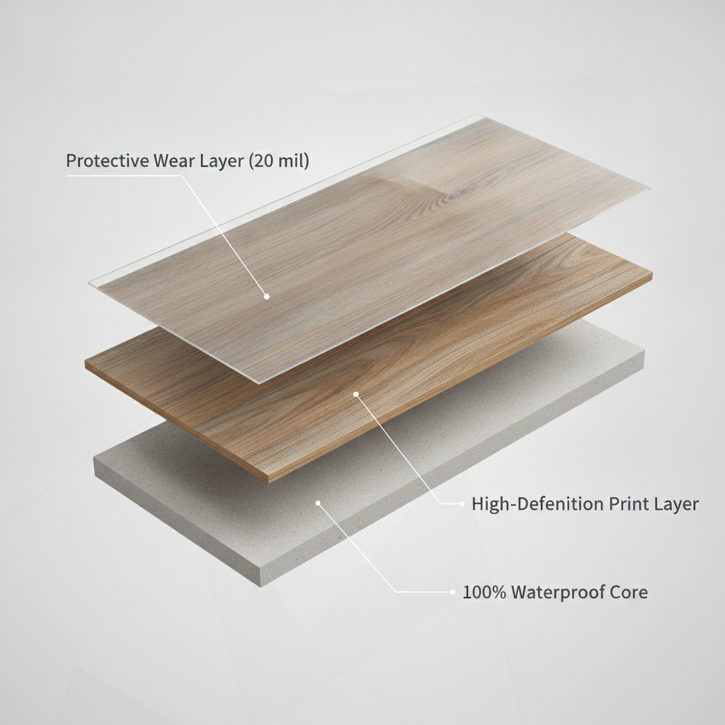 Infographic showing a 3D cutaway of a luxury vinyl plank with labeled layers: Protective Wear Layer, High-Definition Print Layer, and 100% Waterproof Core.