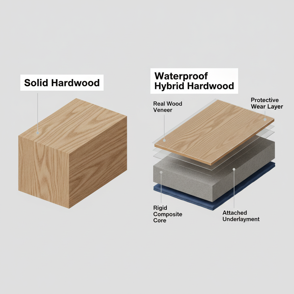 A clean, 3D cross-section illustration presented side-by-side on a neutral background. On the left, a single, solid plank of oak is labeled 'Solid Hardwood'. On the right, a multi-layered plank labeled 'Waterproof Hybrid Hardwood' is shown with clear callouts for each layer: 'Protective Wear Layer', 'Real Wood Veneer', 'Rigid Composite Core', and 'Attached Underlayment'. The style is modern, technical, and educational.