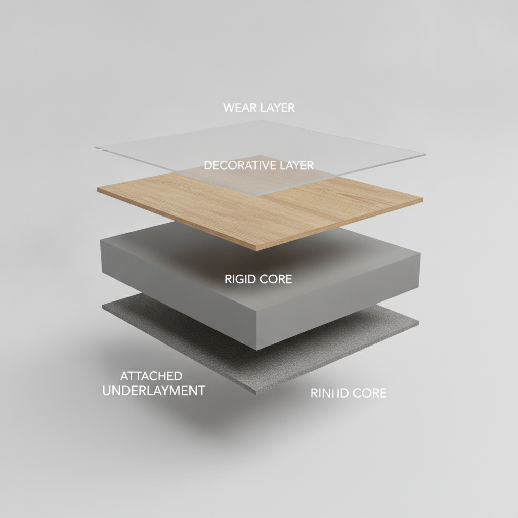 A 3D render showing a cross-section of a hybrid flooring plank, with its four layers labeled: Wear Layer, Decorative Layer, Rigid Core, and Attached Underlayment.