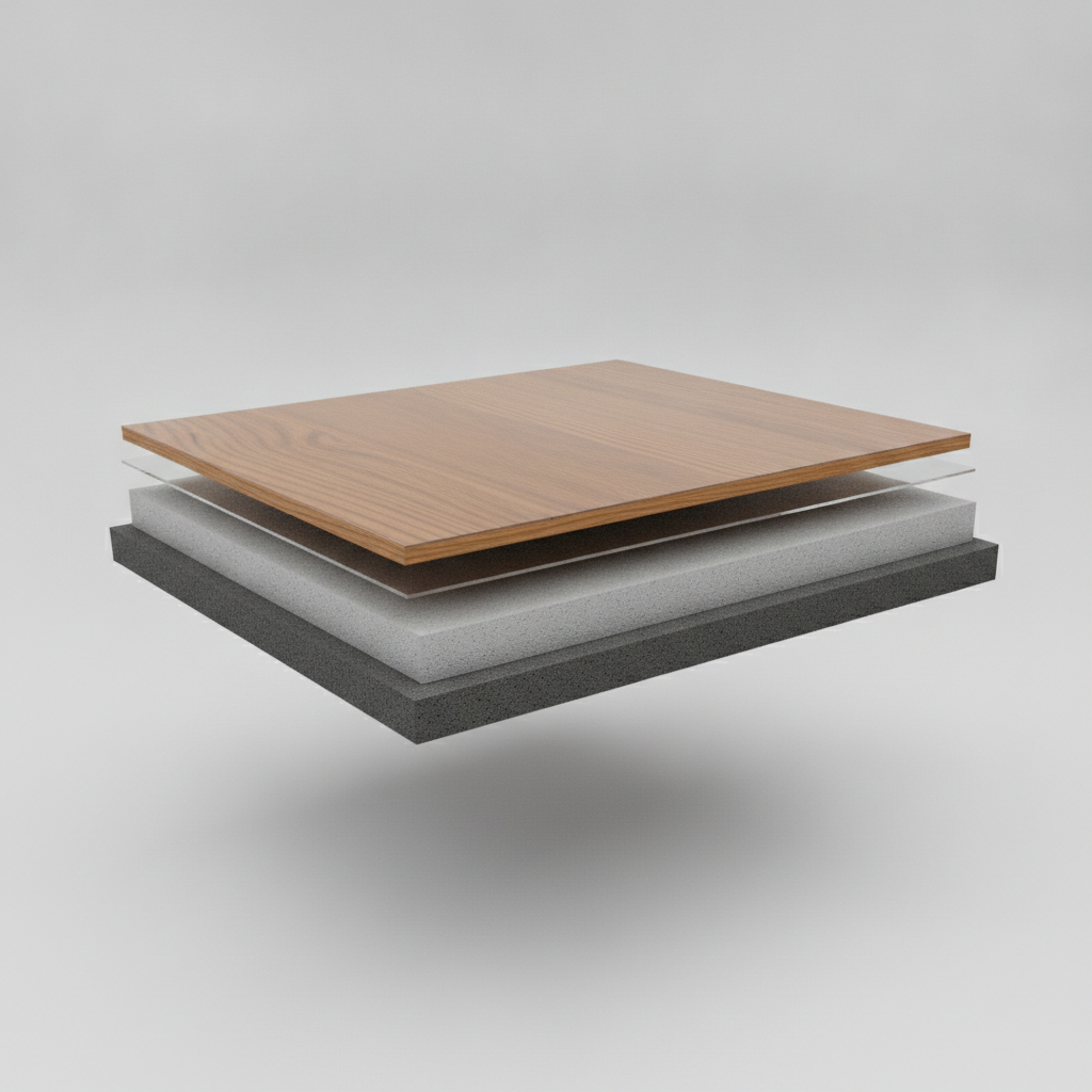 A 3D cutaway diagram showing the layers of a hybrid hardwood plank: a real wood veneer on top, a protective wear layer, an SPC core, and an underlayment pad.