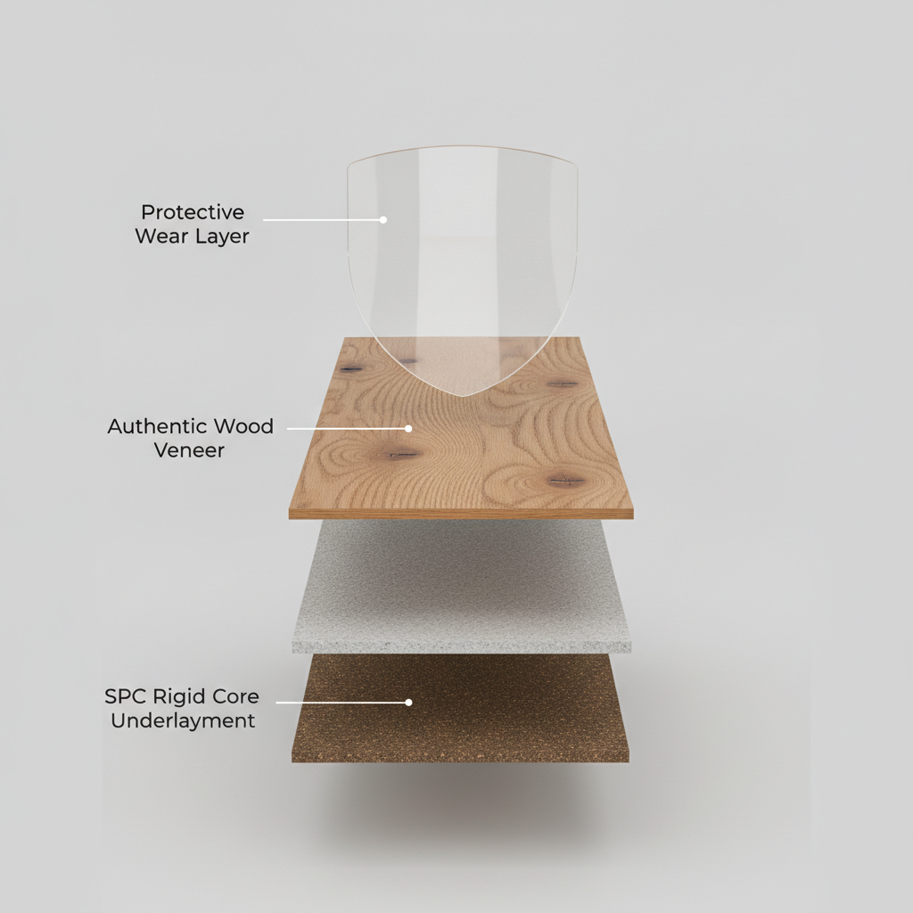 A 3D cross-section diagram of a hybrid hardwood plank showing its four layers: Protective Wear Layer, Authentic Wood Veneer, SPC Rigid Core, and Attached Underlayment.
