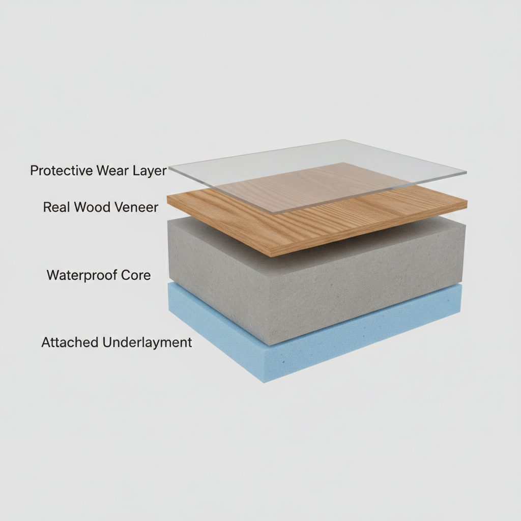 A detailed 3D cross-section of a waterproof hybrid hardwood flooring plank, clearly showing its distinct layers against a clean, light grey background. From top to bottom, show the transparent protective wear layer, a beautiful real oak wood veneer, a thick stone-grey waterproof SPC core, and a final blue foam underlayment. Each layer should be clearly visible and labeled with simple text: 'Protective Wear Layer', 'Real Wood Veneer', 'Waterproof Core', 'Attached Underlayment'. The style is a modern, photorealistic render emphasizing the product's advanced engineering.
