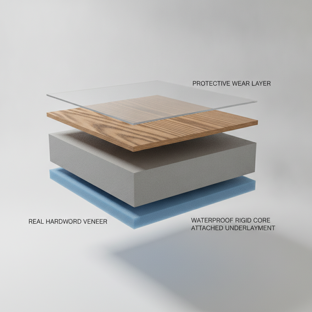 A 3D render showing a cross-section of a hybrid hardwood flooring plank, detailing the protective wear layer, real hardwood veneer, waterproof rigid core, and attached underlayment.