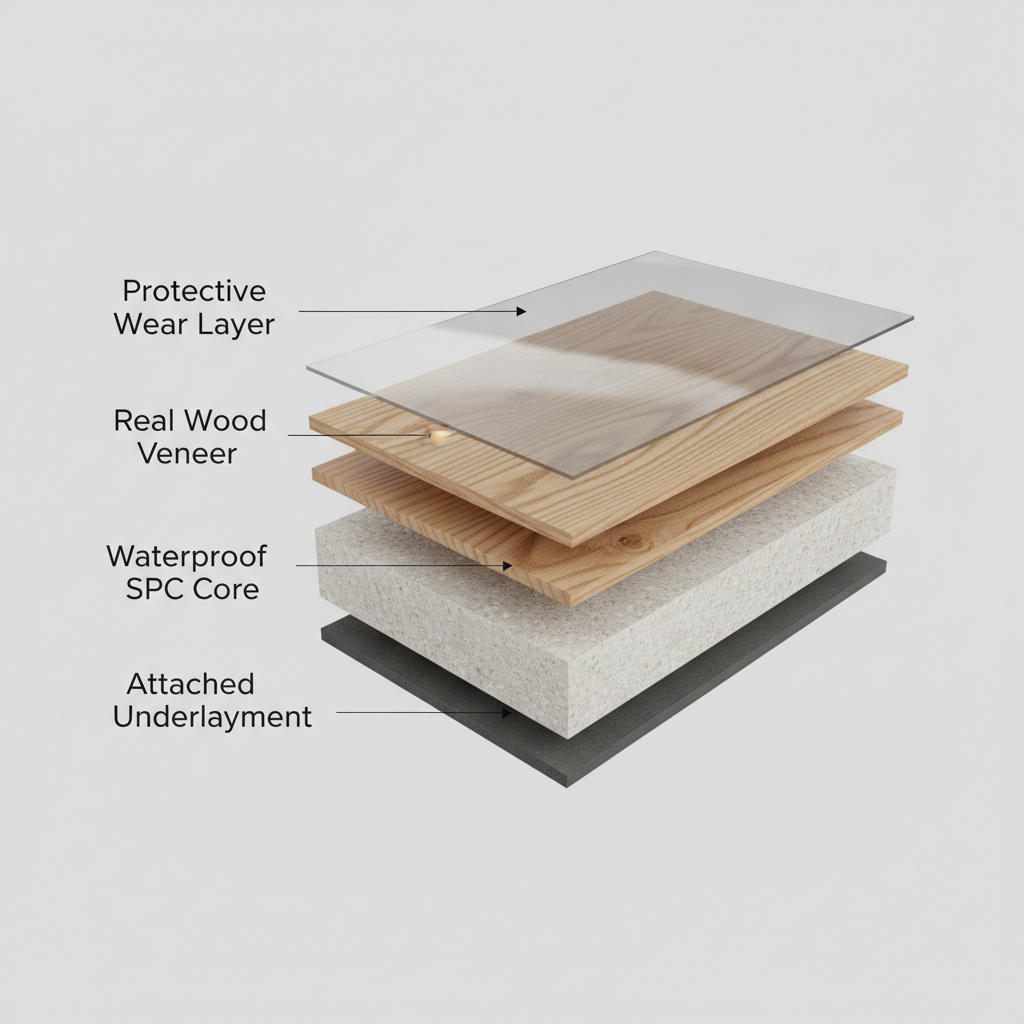The Anatomy of a Hybrid Hardwood Plank A clean, detailed 3D cross-section of a waterproof hybrid hardwood plank against a minimalist light gray background. Each layer is clearly visible and labeled with modern, elegant typography: 'Protective Wear Layer', 'Real Wood Veneer', 'Waterproof SPC Core', and 'Attached Underlayment'. The wood veneer layer should look authentically like natural oak, and the SPC core should appear dense and stone-like, subtly hinting at its durability.