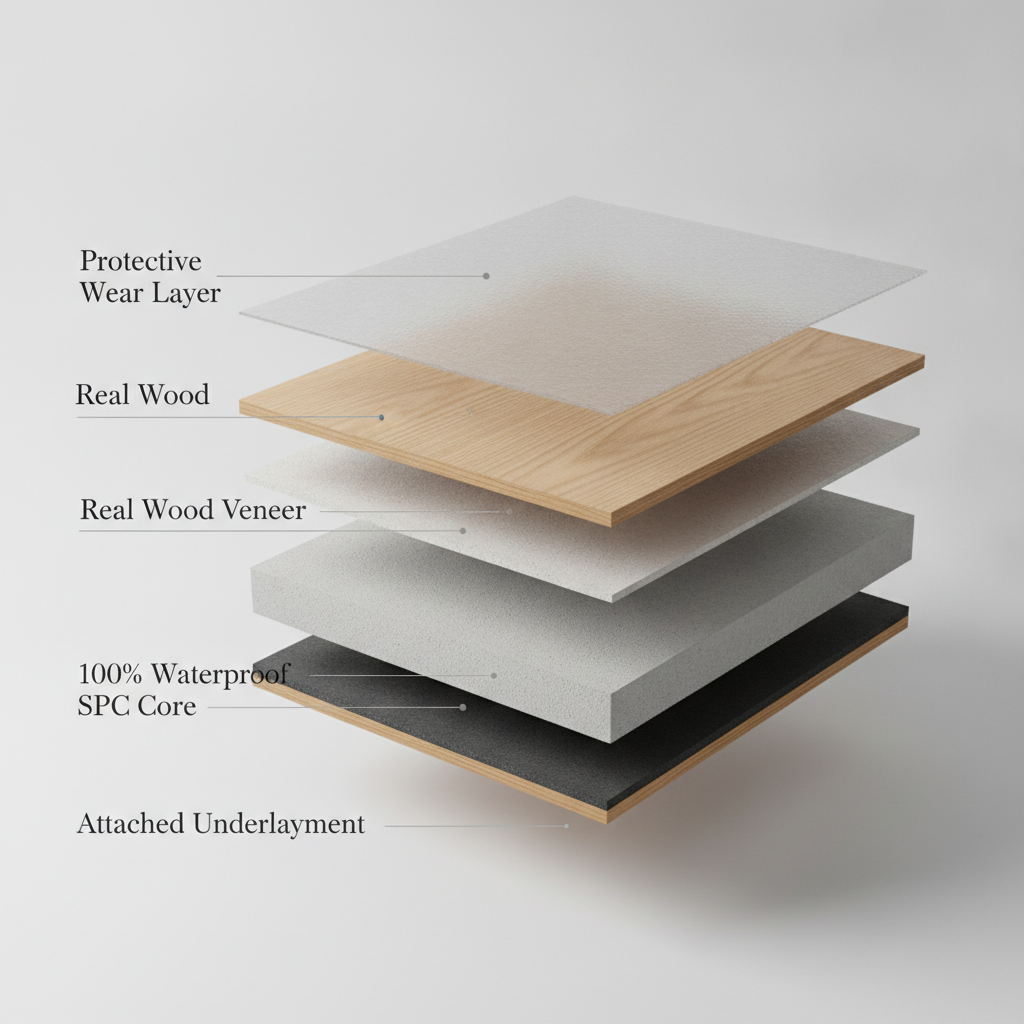 A clean, modern 3D technical illustration showing a cutaway view of a single waterproof hybrid hardwood plank. Each distinct layer is clearly visible and labeled with elegant text: 'Protective Wear Layer,' 'Real Wood Veneer,' '100% Waterproof SPC Core,' and 'Attached Underlayment.' The image is set against a minimalist light gray background, highlighting the advanced technology and high-quality construction.
