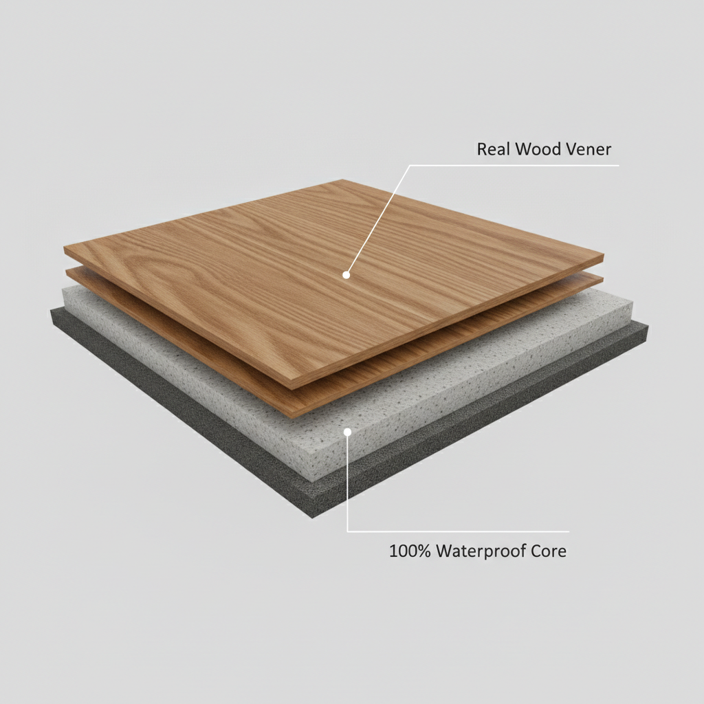A 3D cross-section illustration of a waterproof hybrid hardwood plank showing its distinct layers: a real wood veneer top, a dense waterproof core, and a bottom acoustic pad.