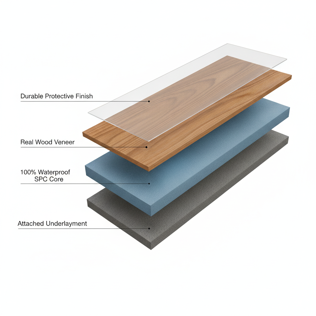 A 3D cutaway illustration of a hybrid hardwood plank showing its layers: Real Wood Veneer, Protective Finish, Waterproof SPC Core, and Attached Underlayment.