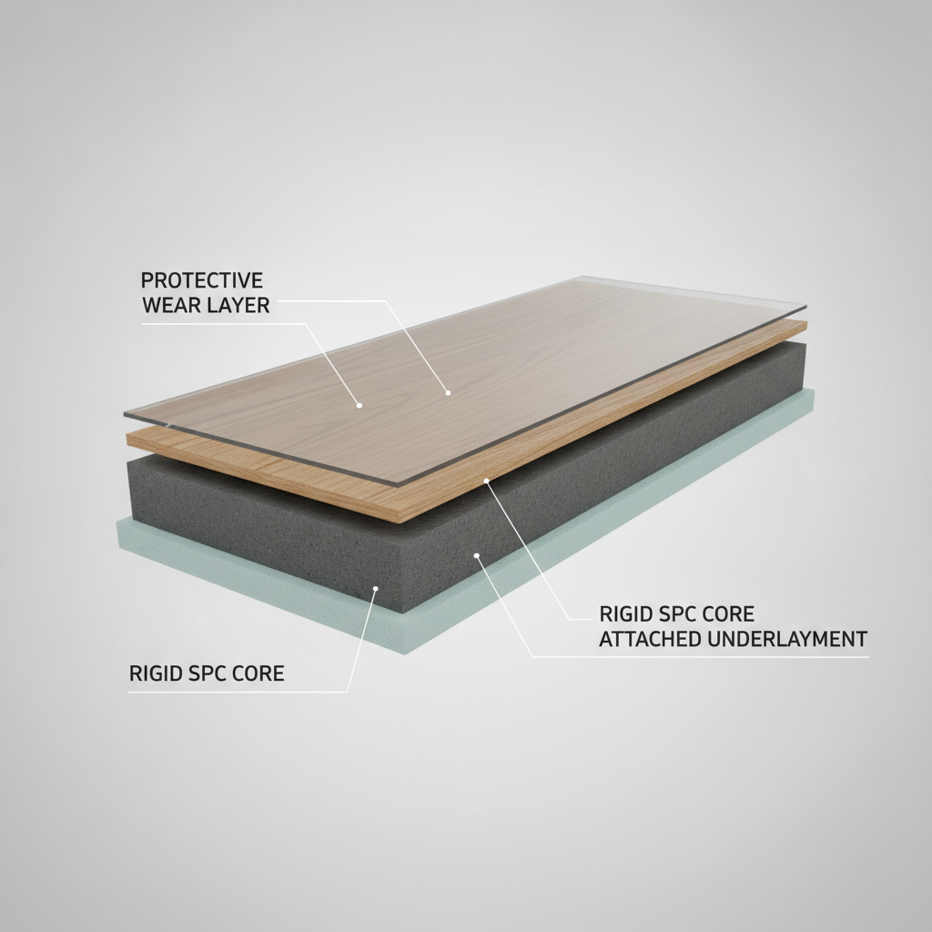 A 3D cutaway illustration of a waterproof hybrid hardwood plank showing its four layers: Protective Wear Layer, Real Wood Veneer, Rigid SPC Core, and Attached Underlayment.