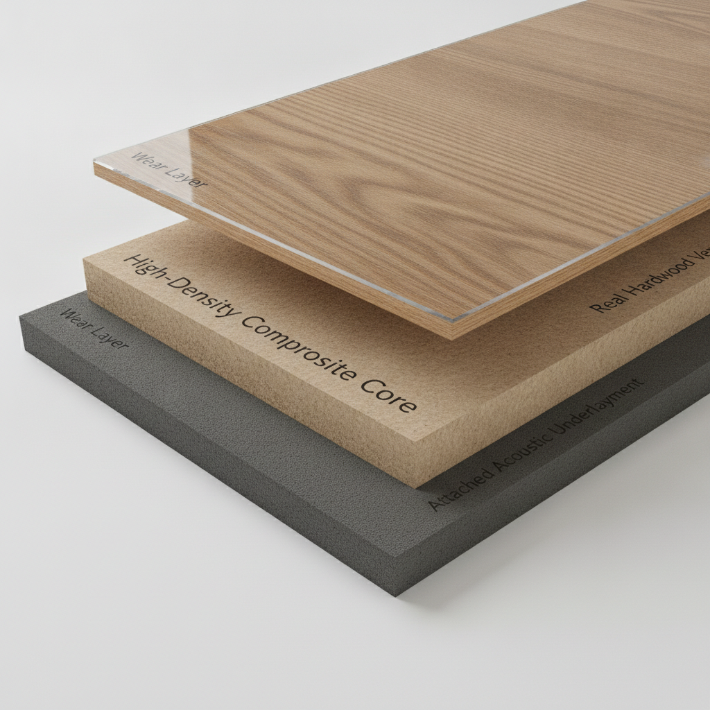 A 3D cross-section of a hybrid hardwood plank showing its distinct layers: wear layer, real hardwood veneer, high-density core, and attached acoustic underlayment.