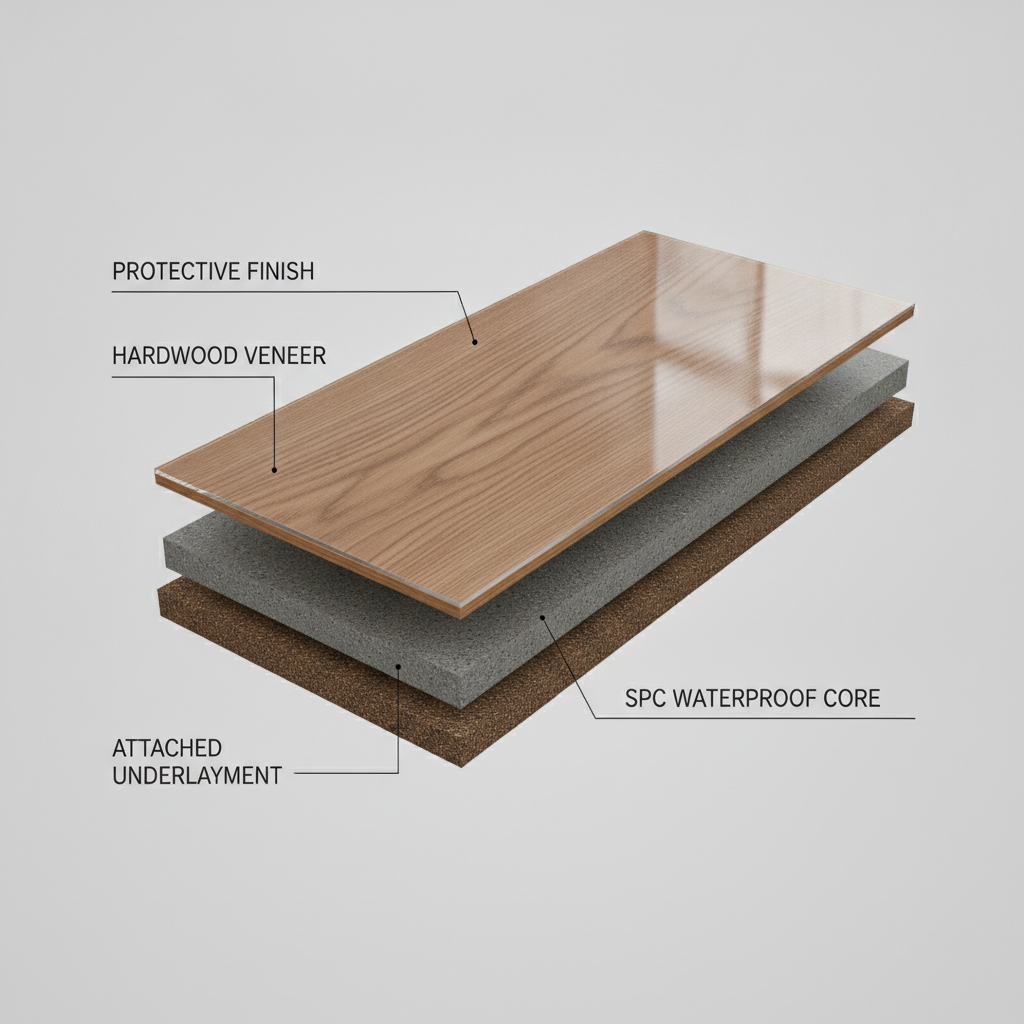 A 3D cutaway diagram showing the layers of a waterproof hybrid hardwood plank: Protective Finish, Hardwood Veneer, SPC Waterproof Core, and Attached Underlayment.