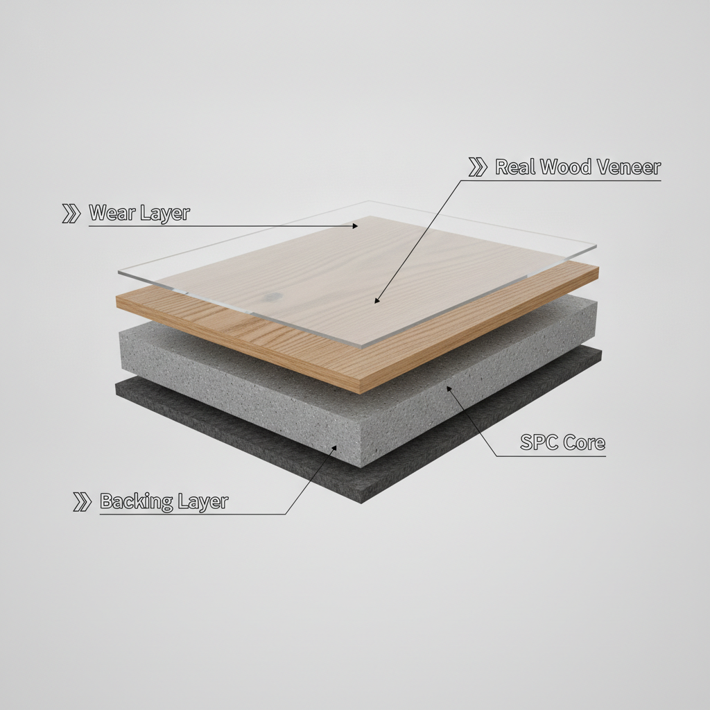 A 3D cutaway illustration of a hybrid hardwood floor plank, showing the Wear Layer, Real Wood Veneer, SPC Core, and Backing Layer.