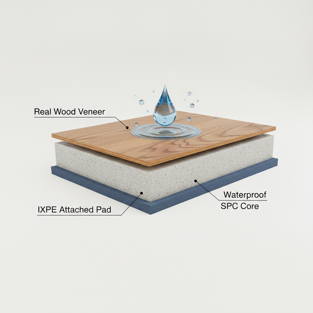 A 3D diagram showing a cross-section of a hybrid hardwood plank, labeling the layers: Real Wood Veneer, Waterproof SPC Core, and IXPE Attached Pad.