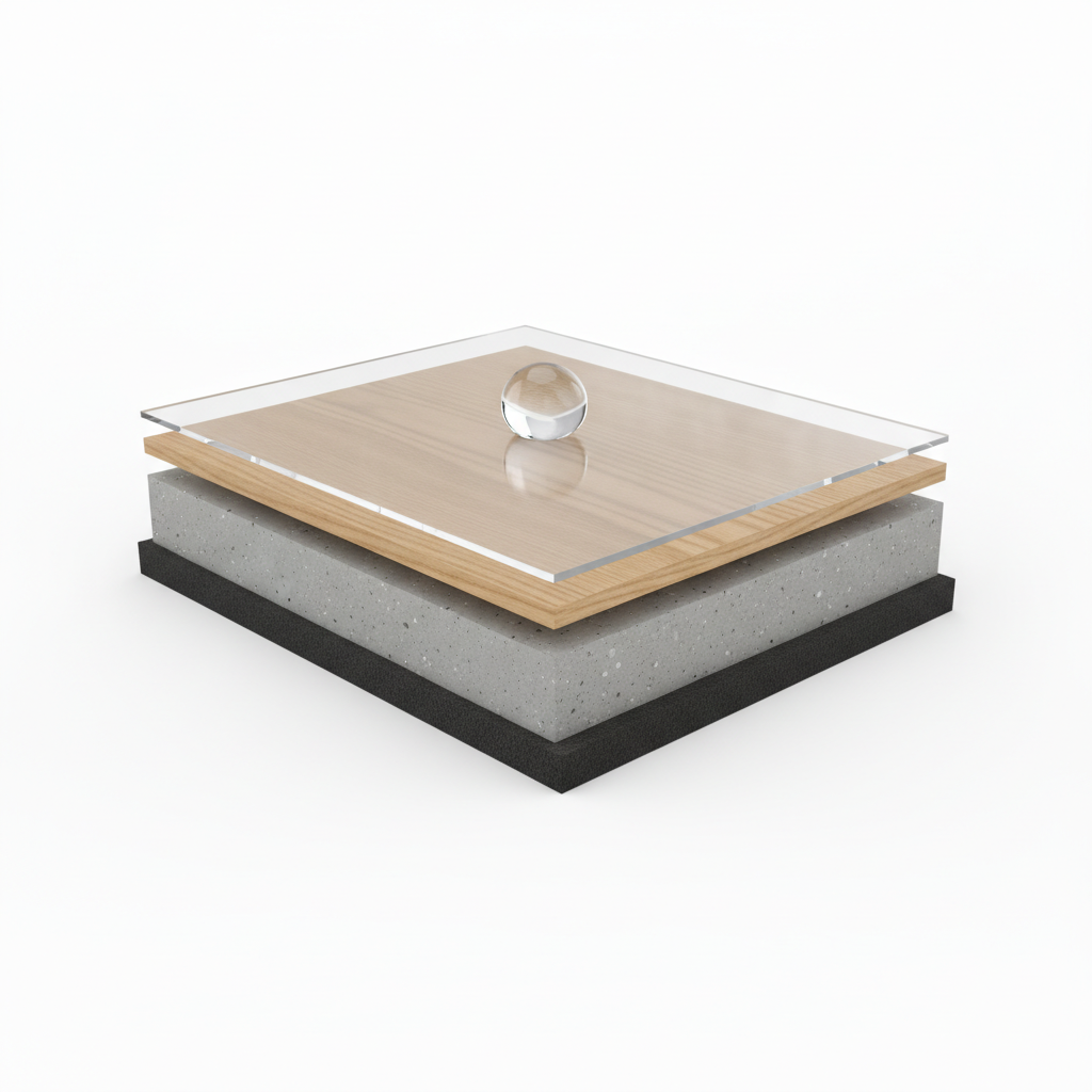 A 3D cutaway illustration showing the layers of a waterproof hybrid hardwood plank: protective wear layer, genuine wood veneer, waterproof SPC core, and attached underlayment.