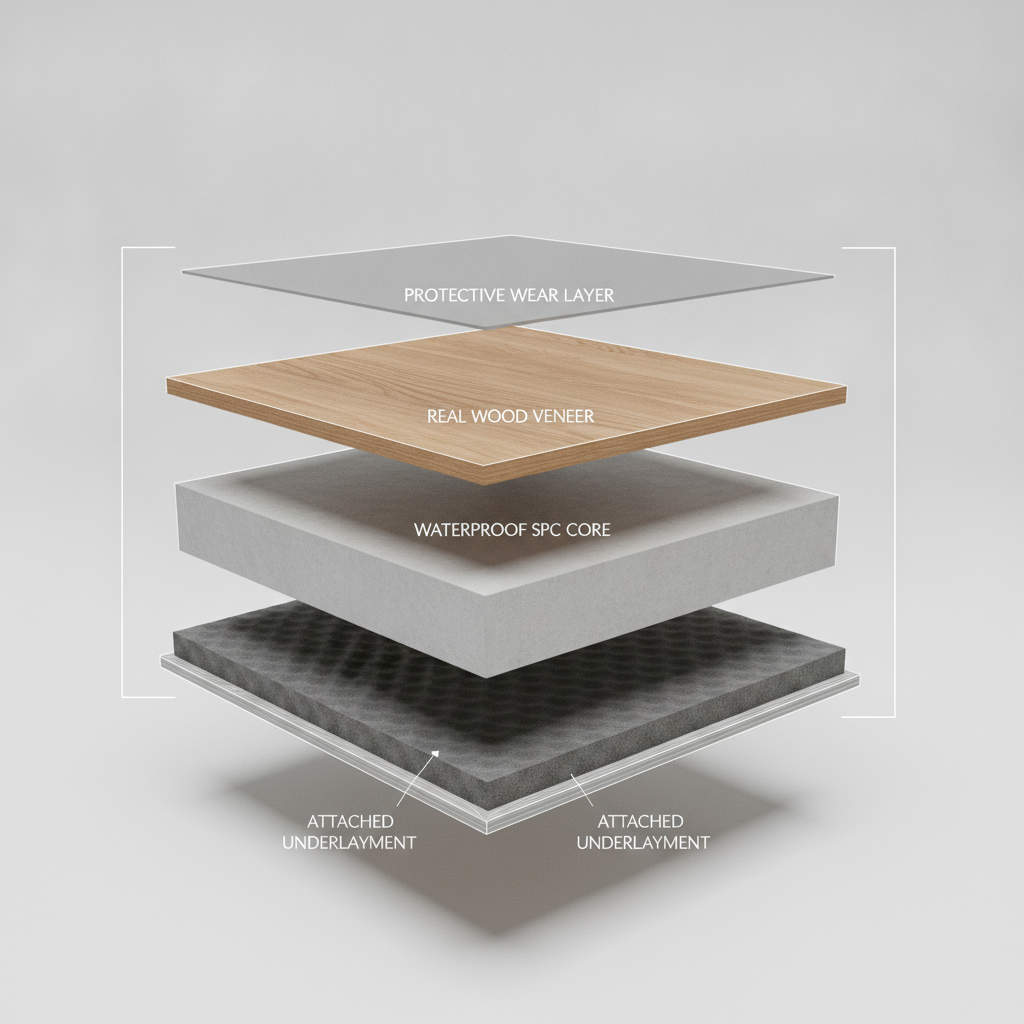 A 3D cross-section of a waterproof hybrid plank showing its layers: Protective Wear Layer, Real Wood Veneer, Waterproof SPC Core, and Attached Underlayment.