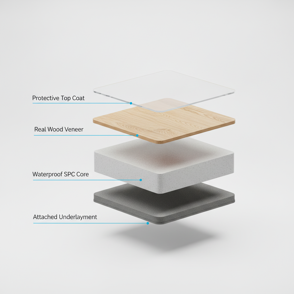 The Anatomy of a Waterproof Hybrid Plank Infographic showing the layers of a waterproof hybrid plank: Protective Top Coat, Real Wood Veneer, Waterproof SPC Core, and Attached Underlayment.