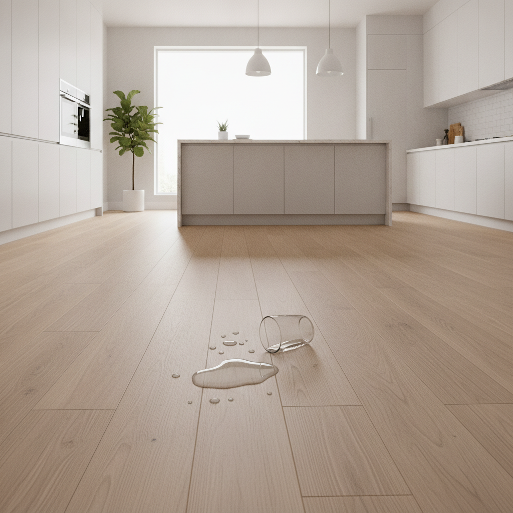 A bright, modern kitchen with newly installed waterproof hybrid hardwood floors, where a spilled glass of water beads up on the surface, demonstrating its resilience.