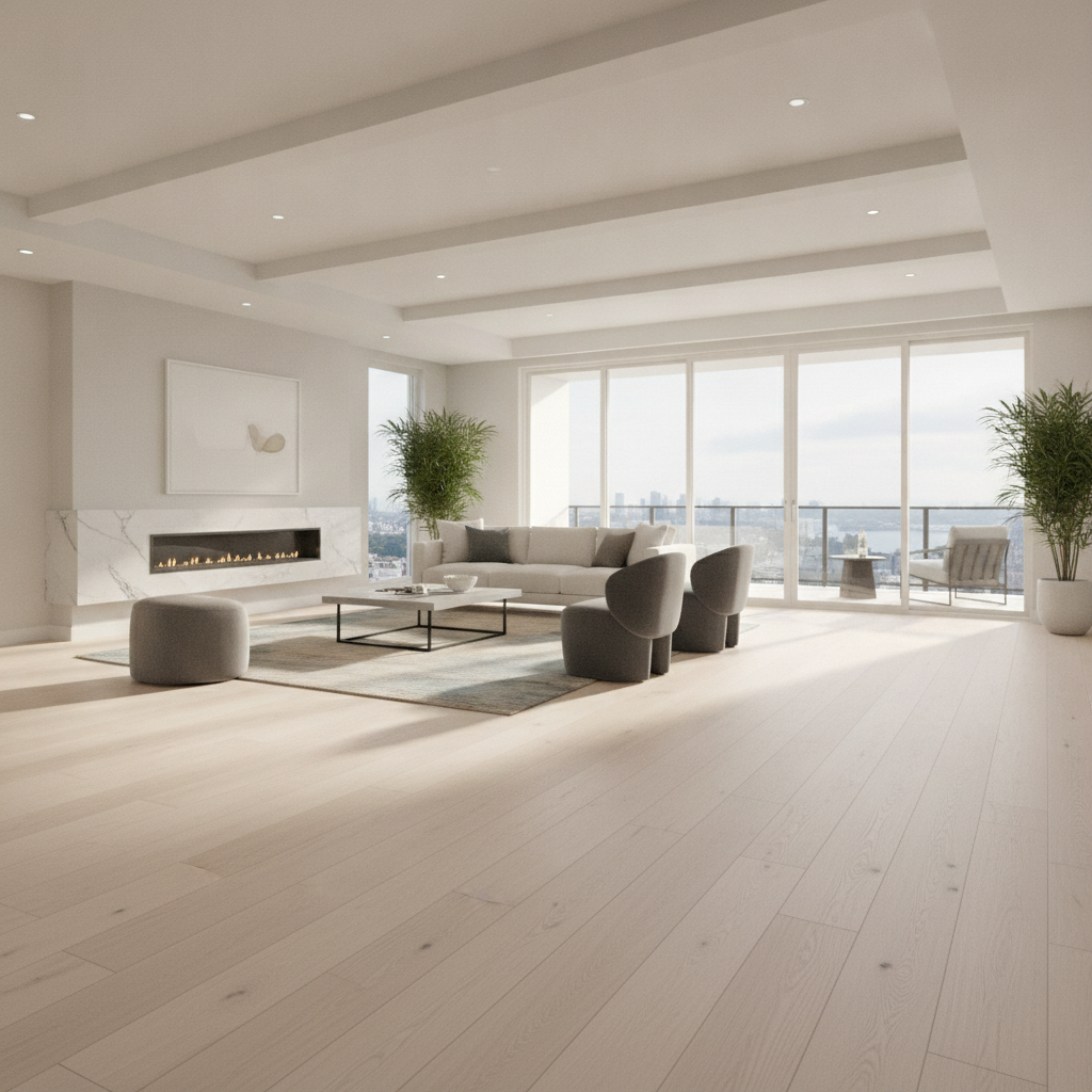 A bright, open-concept living room with natural white oak waterproof hybrid hardwood floors, showcasing a modern and luxurious style.