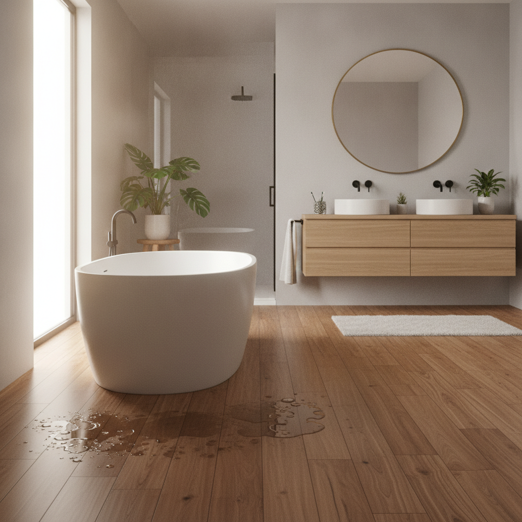 A modern, elegant bathroom with a freestanding tub on a waterproof hybrid hardwood floor, showing that real wood looks can be used in wet areas.