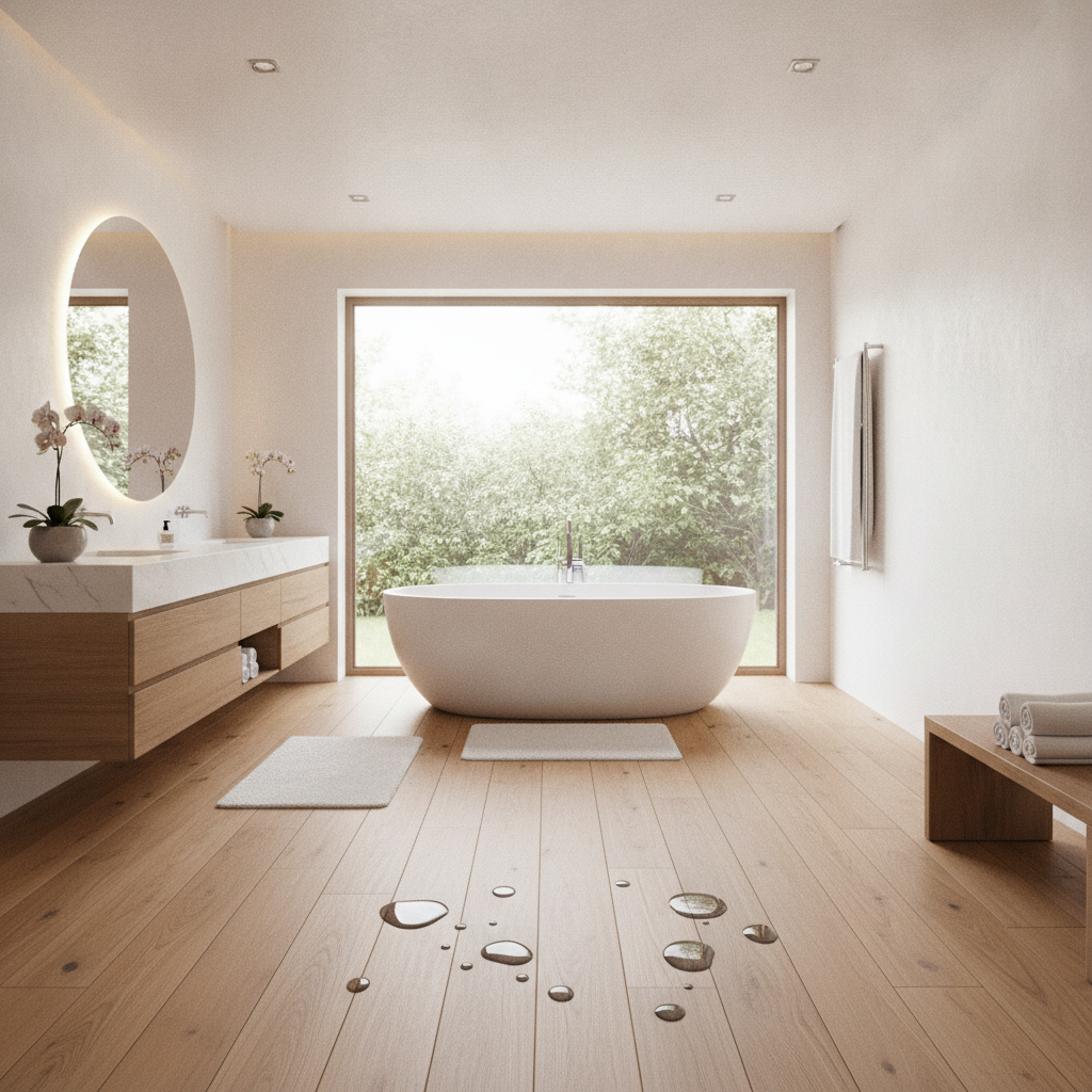 Luxurious modern bathroom with warm oak waterproof hardwood flooring and a sleek freestanding tub.