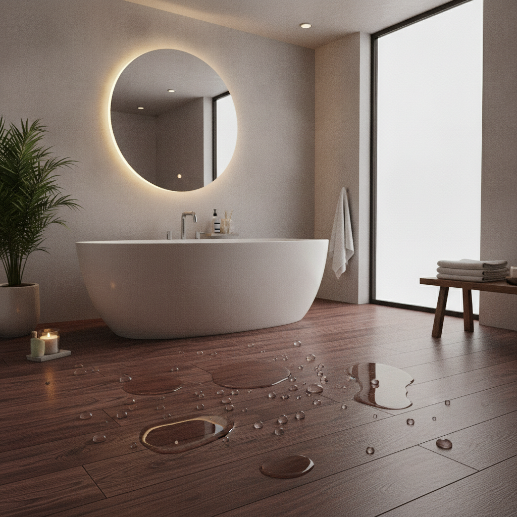 A modern bathroom with a waterproof hybrid wood-look floor. Water droplets are beaded up on the floor near a bathtub, showcasing its waterproof quality.