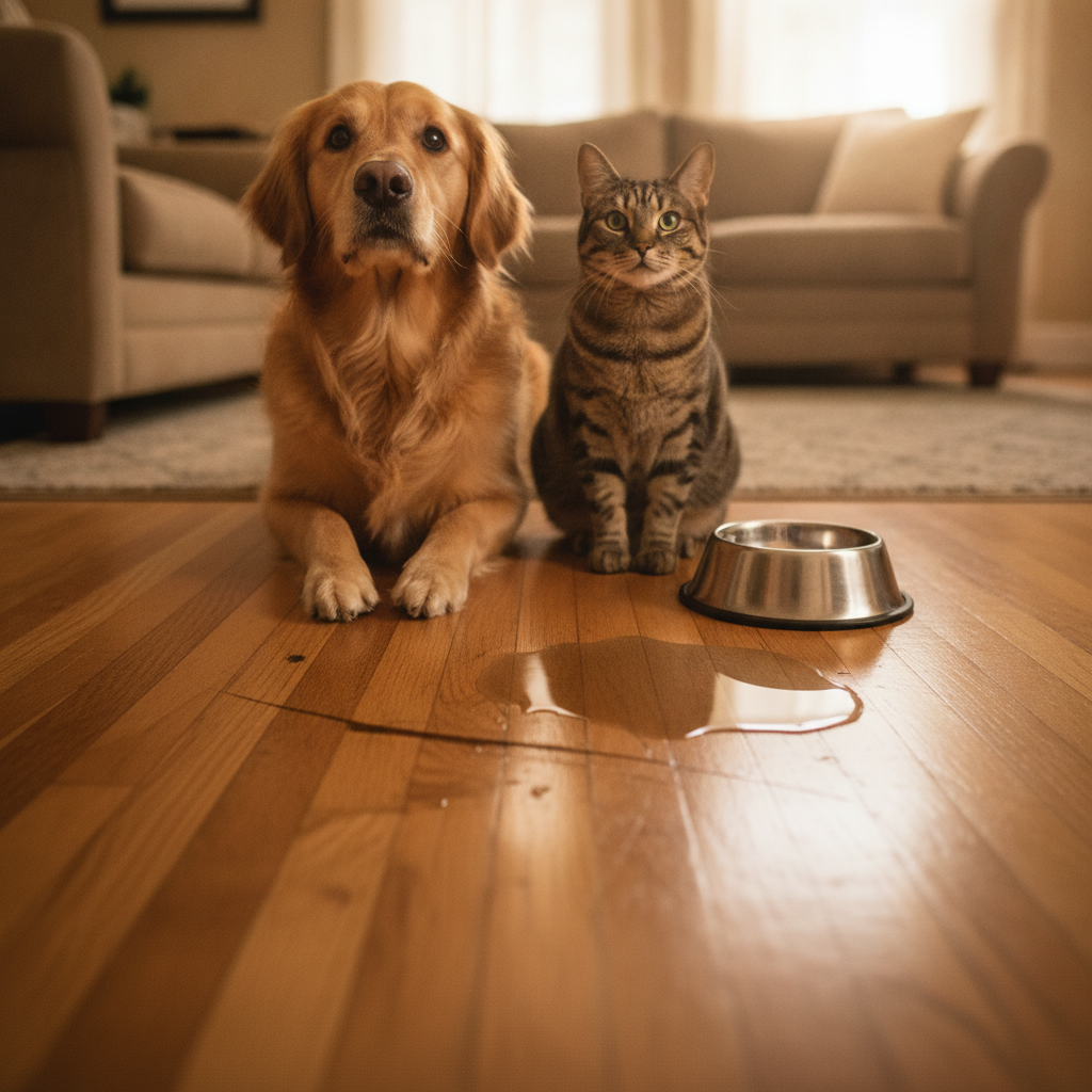 A golden retriever and a tabby cat sitting on a hardwood floor with a visible scratch and a small puddle, illustrating the challenges pets pose to flooring.