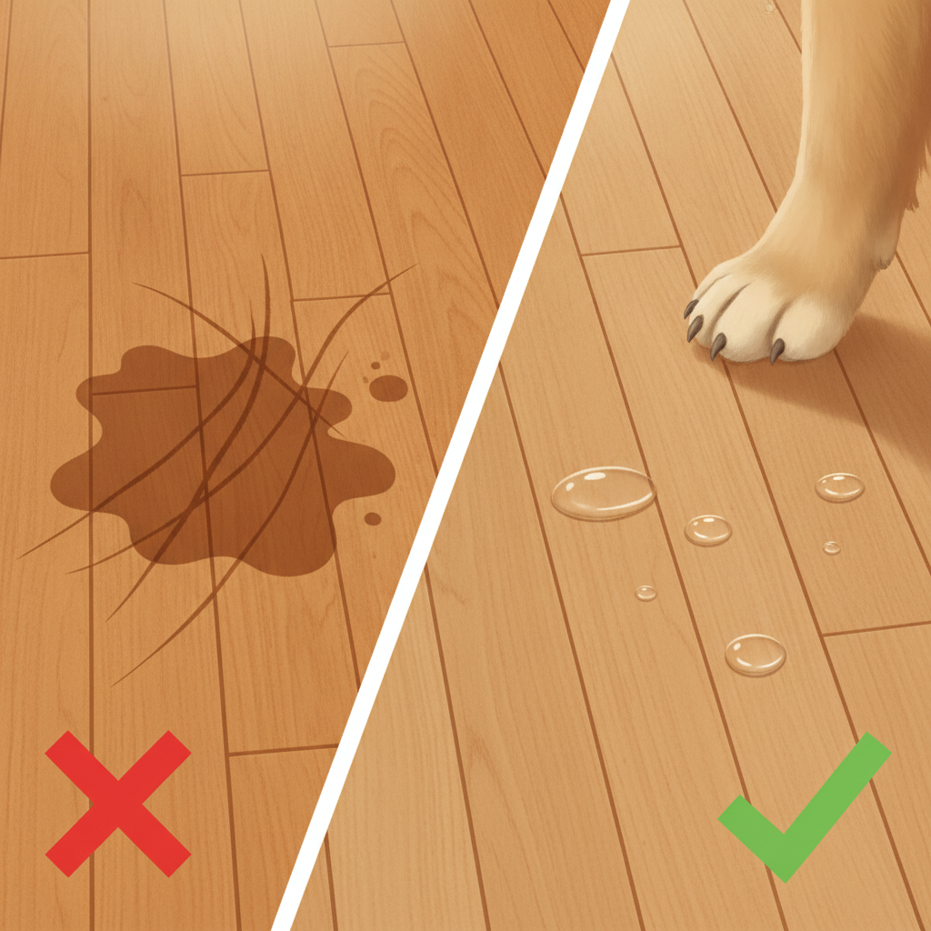 A split-panel comparison showing a traditional hardwood floor damaged by scratches and water stains versus a pristine waterproof hybrid hardwood floor that repels water and resists scratches.
