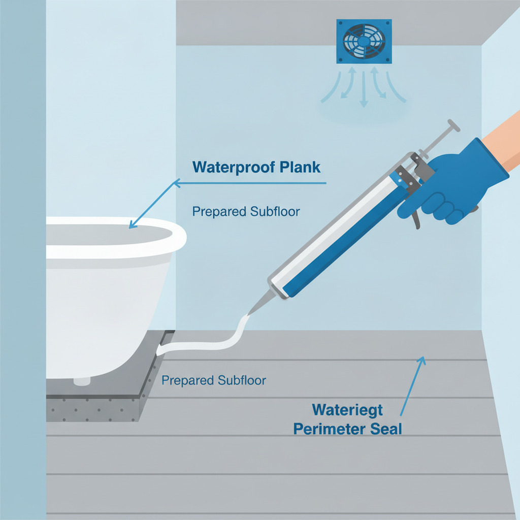 An infographic illustrating a waterproof flooring system, showing a hand sealing the perimeter gap between the floor and a bathtub with silicone.