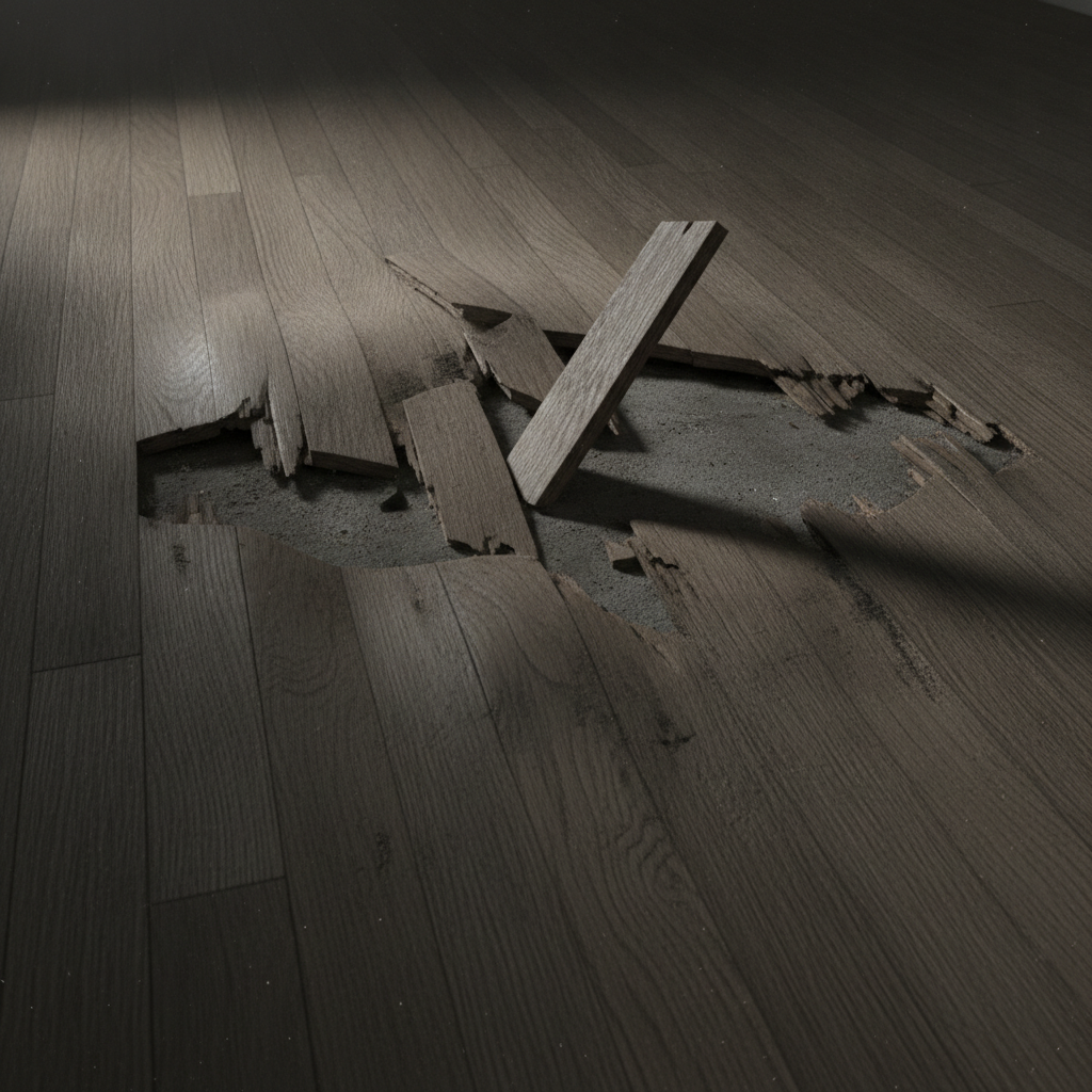 A close-up view of a severely water-damaged hardwood floor, with planks that are warped, cupped, and buckling off the subfloor.