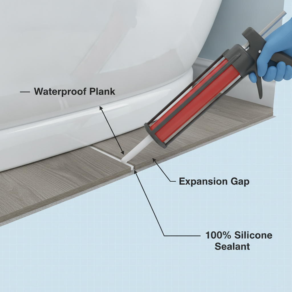 Instructional diagram showing a hand applying 100% silicone sealant into the expansion gap between a waterproof floor plank and a bathtub.