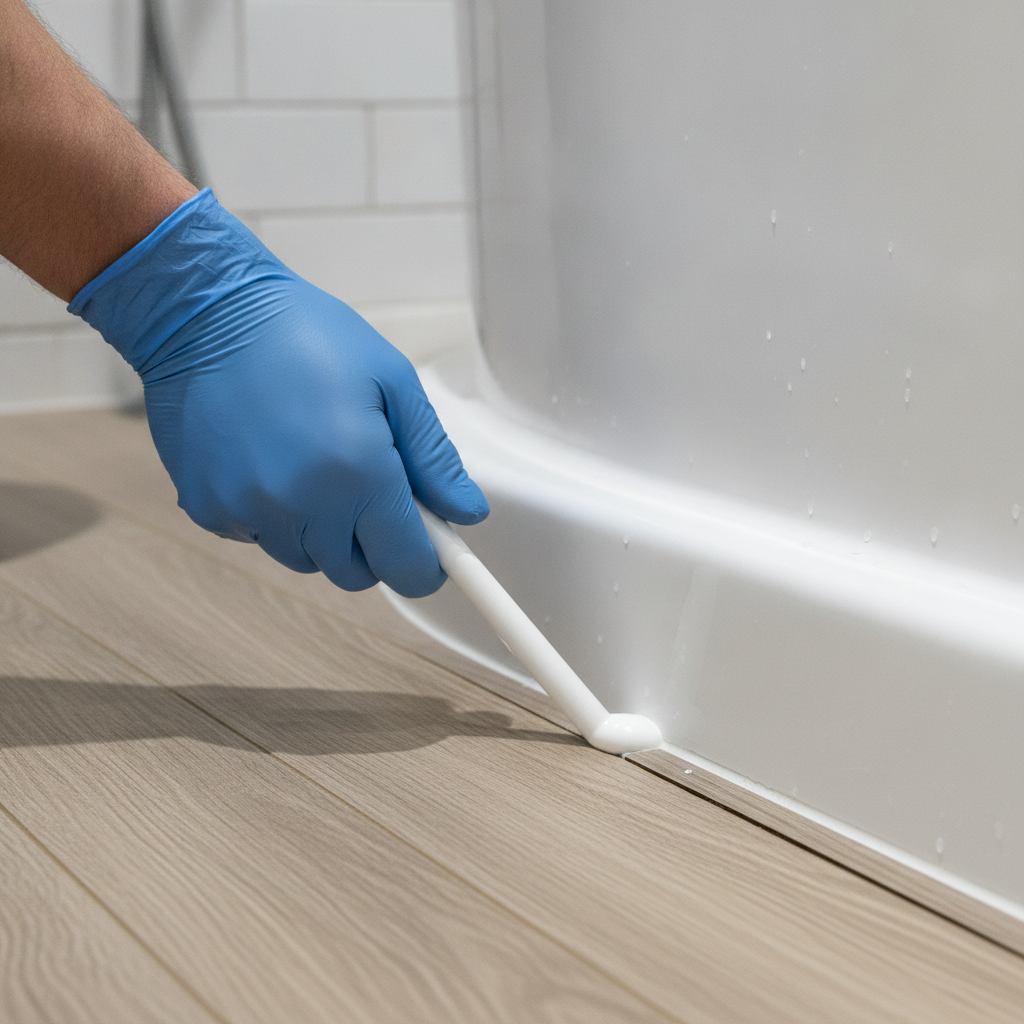 Close-up of an installer applying a bead of silicone sealant to the expansion gap between a waterproof floor and a bathtub to create a watertight seal.