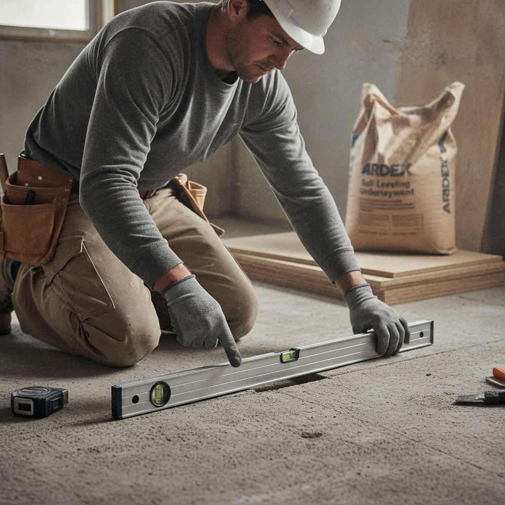 A person kneels on a concrete subfloor, using a long metal level to check for flatness and pointing to a gap that indicates a low spot.