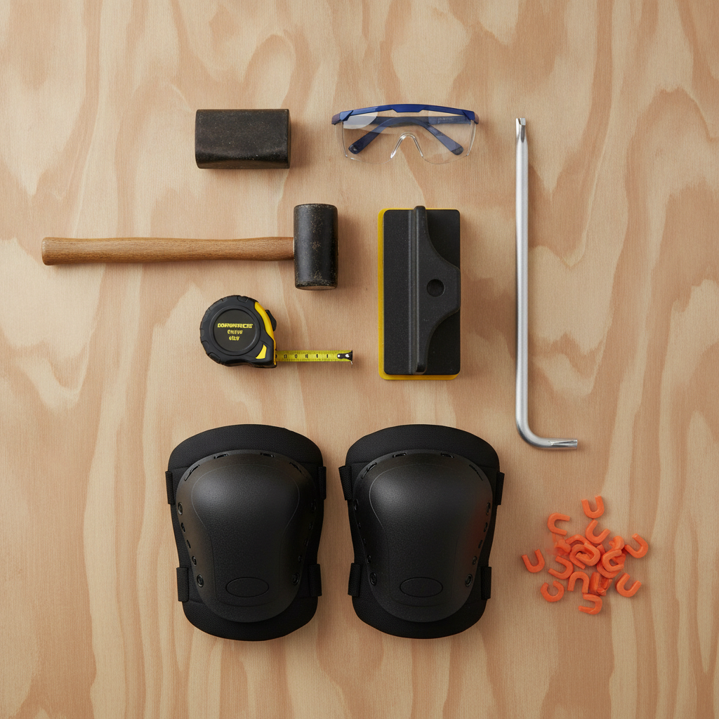 The DIY Flooring Installer's Toolkit An organized flat lay of essential flooring installation tools including a tape measure, tapping block, pull bar, mallet, safety goggles, knee pads, and spacers on a plywood background.
