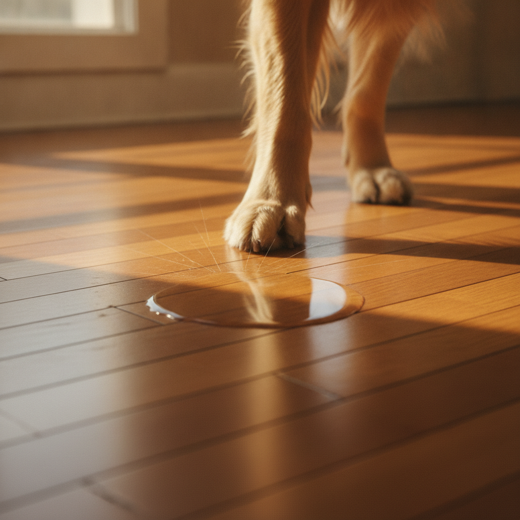 Close-up of a golden retriever's paw on a glossy hardwood floor, showing micro-scratches and a small puddle of water seeping into the seams, illustrating pet-related floor damage.