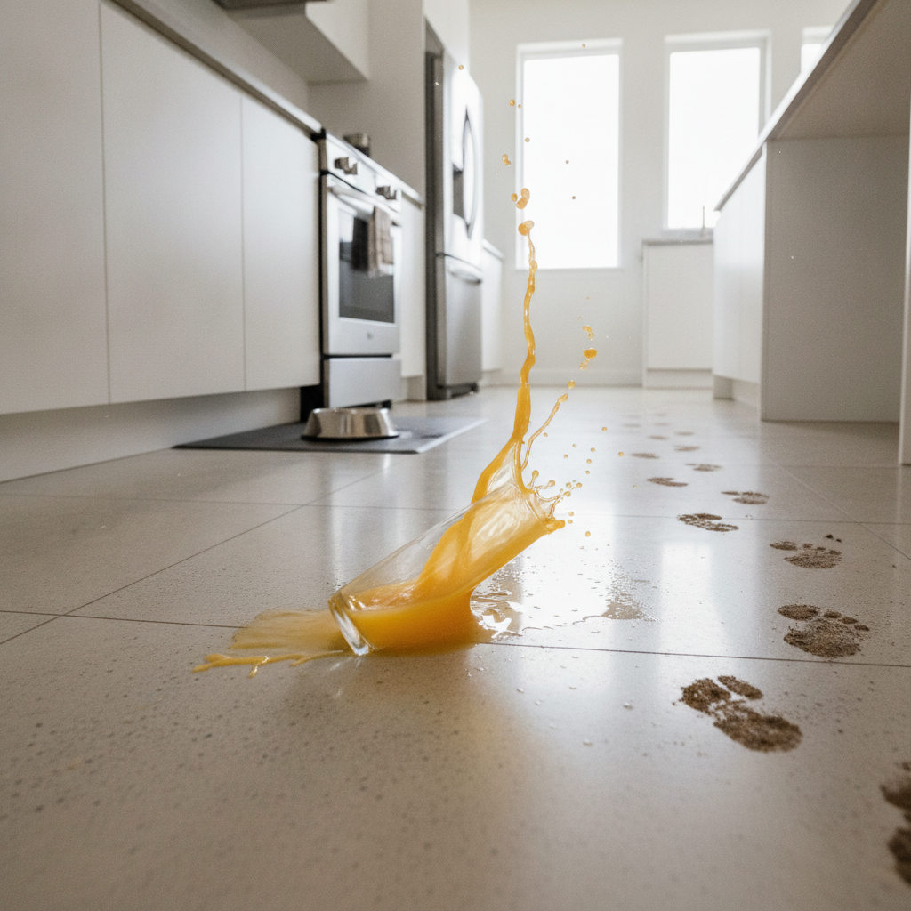 A glass of orange juice spills onto a modern kitchen floor, illustrating the daily challenges and need for waterproof flooring.