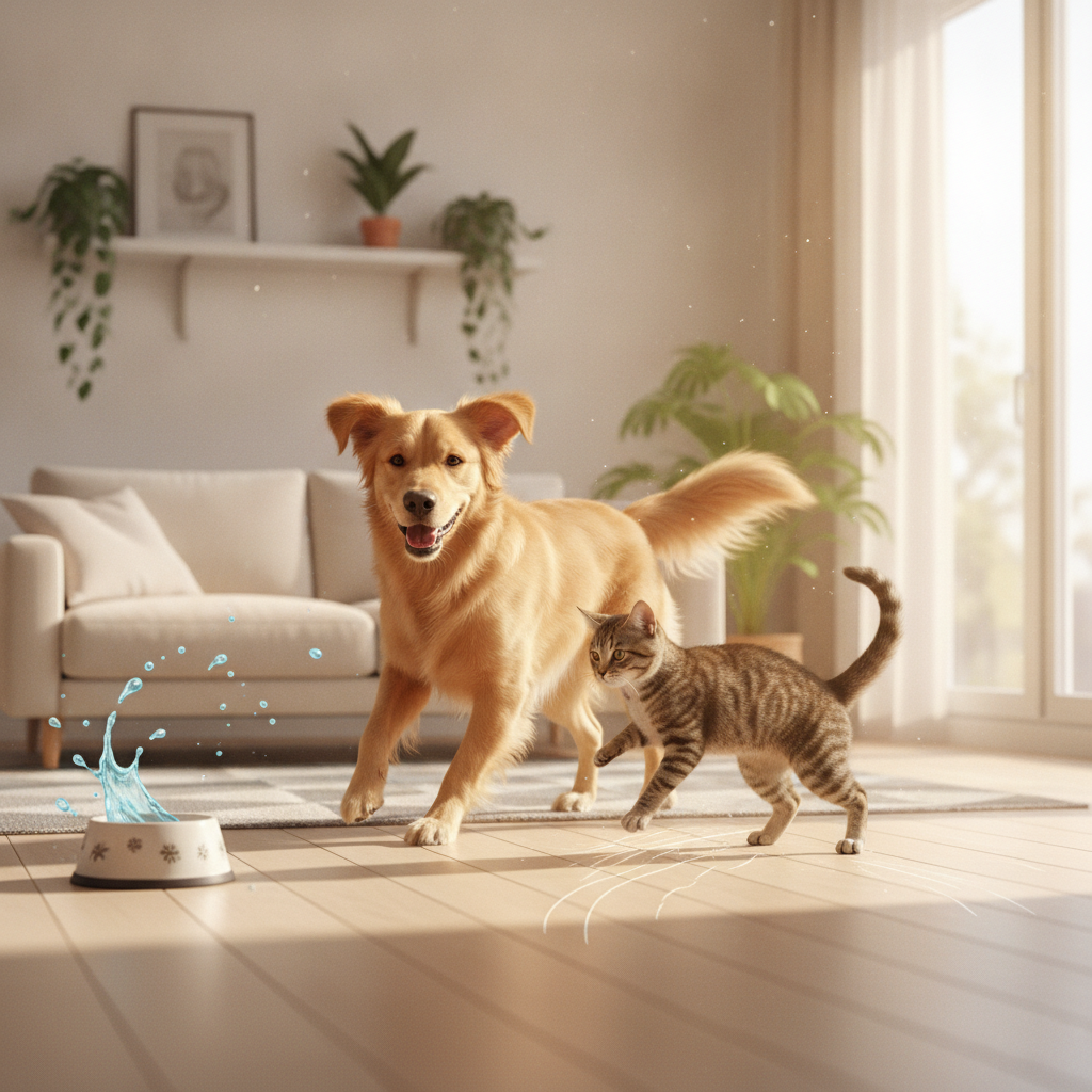 A happy golden retriever and a playful cat in a modern living room, illustrating the daily challenges pets pose to flooring.