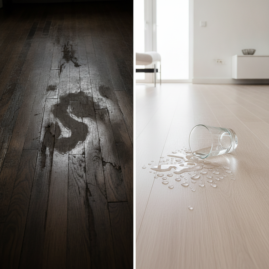 A split-screen comparison showing a water-damaged traditional hardwood floor on the left and a pristine waterproof hardwood floor on the right with water beading on its surface.