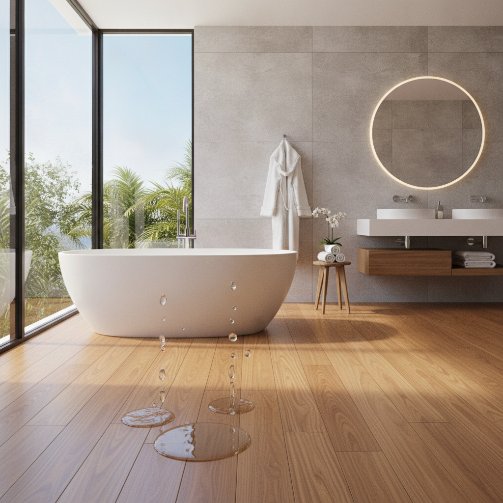 A stunning, photorealistic image of a luxurious, modern bathroom featuring a freestanding tub. The floor is a beautiful, warm-toned waterproof hardwood, and a few droplets of water are splashing cleanly on its surface near the tub, reflecting the bright light from a large window. The overall mood is serene, clean, and aspirational, emphasizing the beauty and worry-free nature of the flooring.