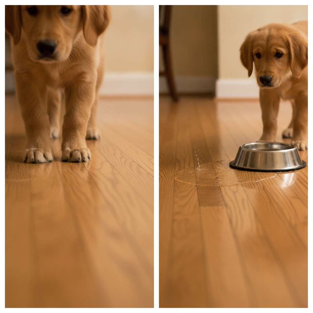 Split-screen image showing a puppy's claws scratching a hardwood floor and a spilled water bowl seeping into the planks.
