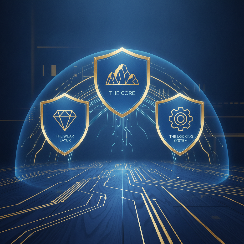 A conceptual illustration showing three interconnected, glowing shields forming a protective barrier over a beautiful hybrid floor. Each shield has an icon and a label: one with a rock icon for 'The Core', one with a diamond icon for 'The Wear Layer', and one with an interlocking gear icon for 'The Locking System'.