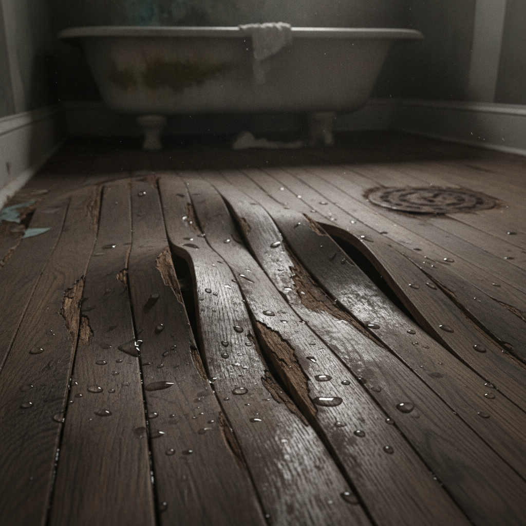 Close-up of severely warped and water-damaged traditional hardwood flooring in a bathroom, showing cupping and buckling planks.