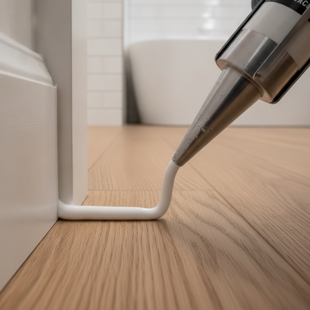 Installer applying 100% silicone sealant into the expansion gap between a waterproof floor and a baseboard.