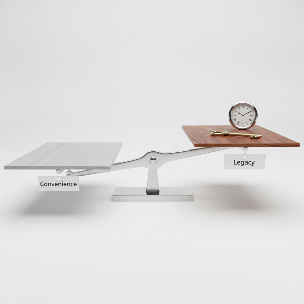 A balanced scale weighing a plank of modern hybrid flooring labeled 'Convenience' against a plank of traditional hardwood labeled 'Legacy'.