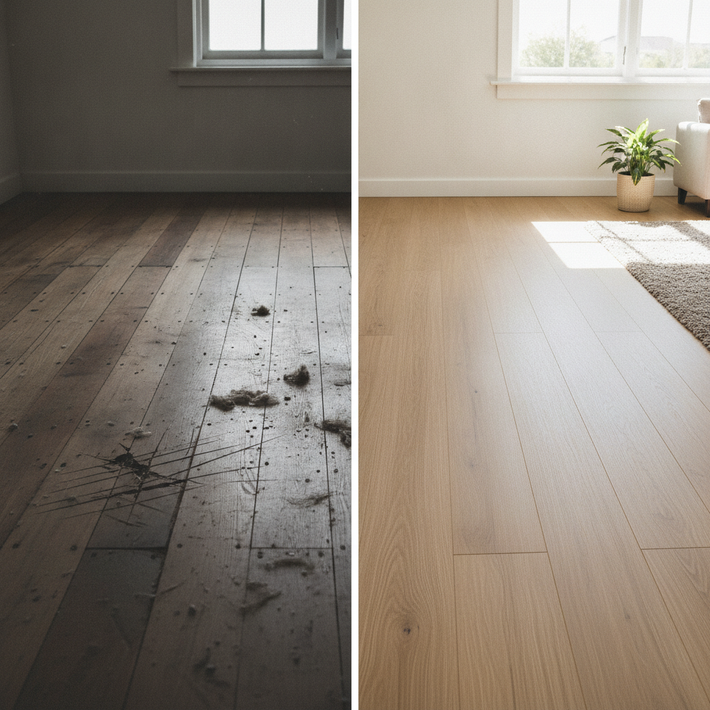 A split-screen before-and-after image showing a damaged, water-stained traditional hardwood floor on one side and a pristine Bravewood waterproof floor on the other.
