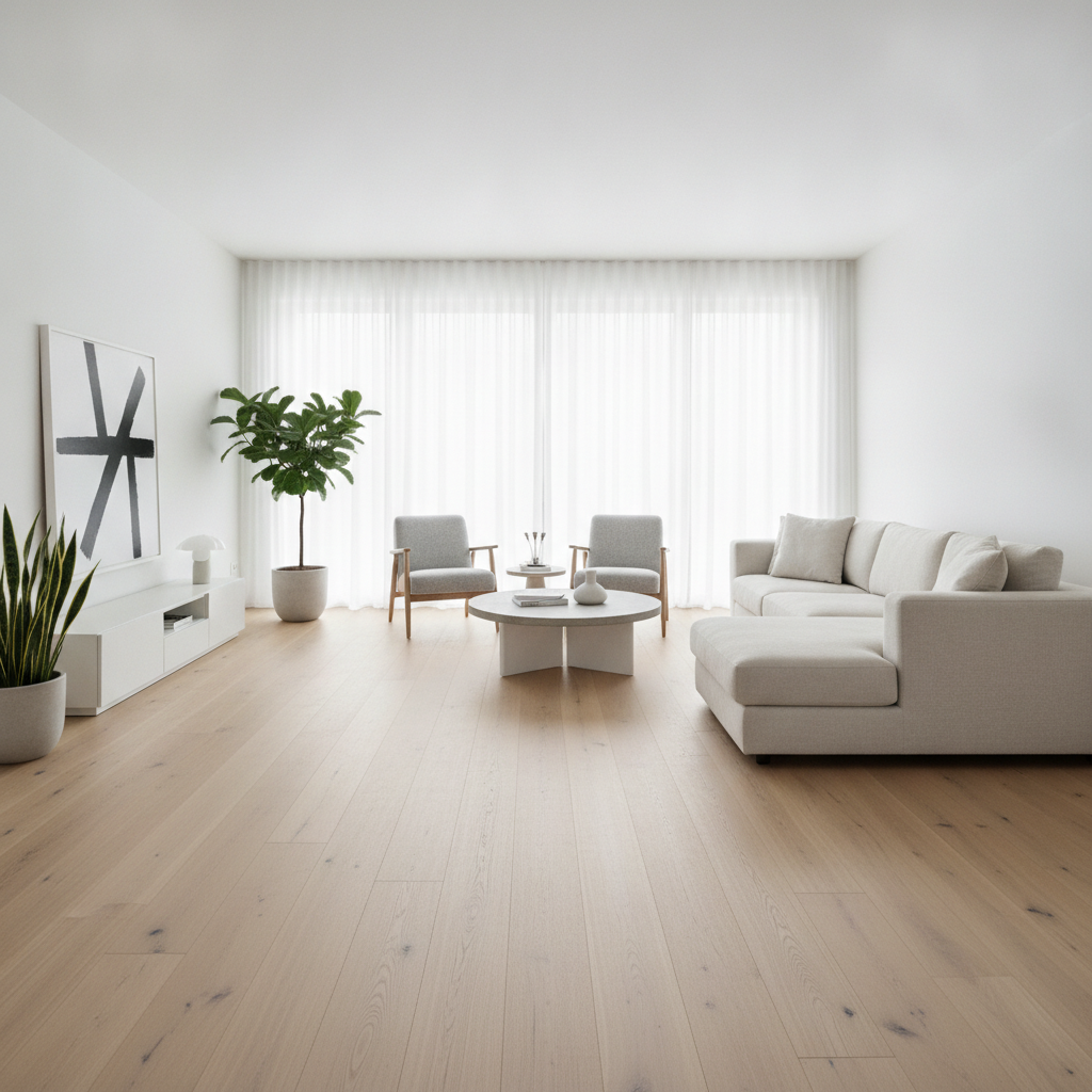 A bright, minimalist living room with wide-plank light oak hybrid hardwood flooring, showcasing how modern flooring acts as a foundation for Scandinavian design.