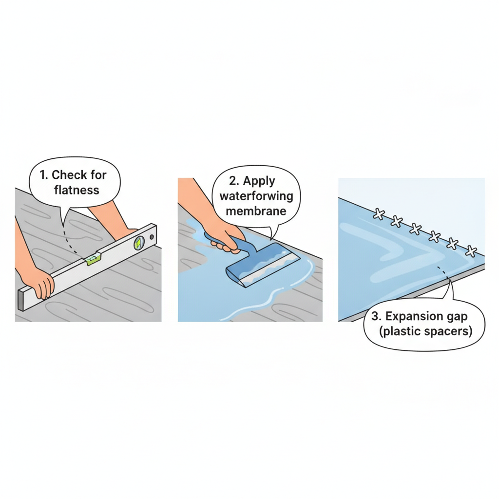 Illustration of subfloor preparation for flooring installation, including checking for flatness, applying a waterproofing membrane, and using expansion gap spacers.