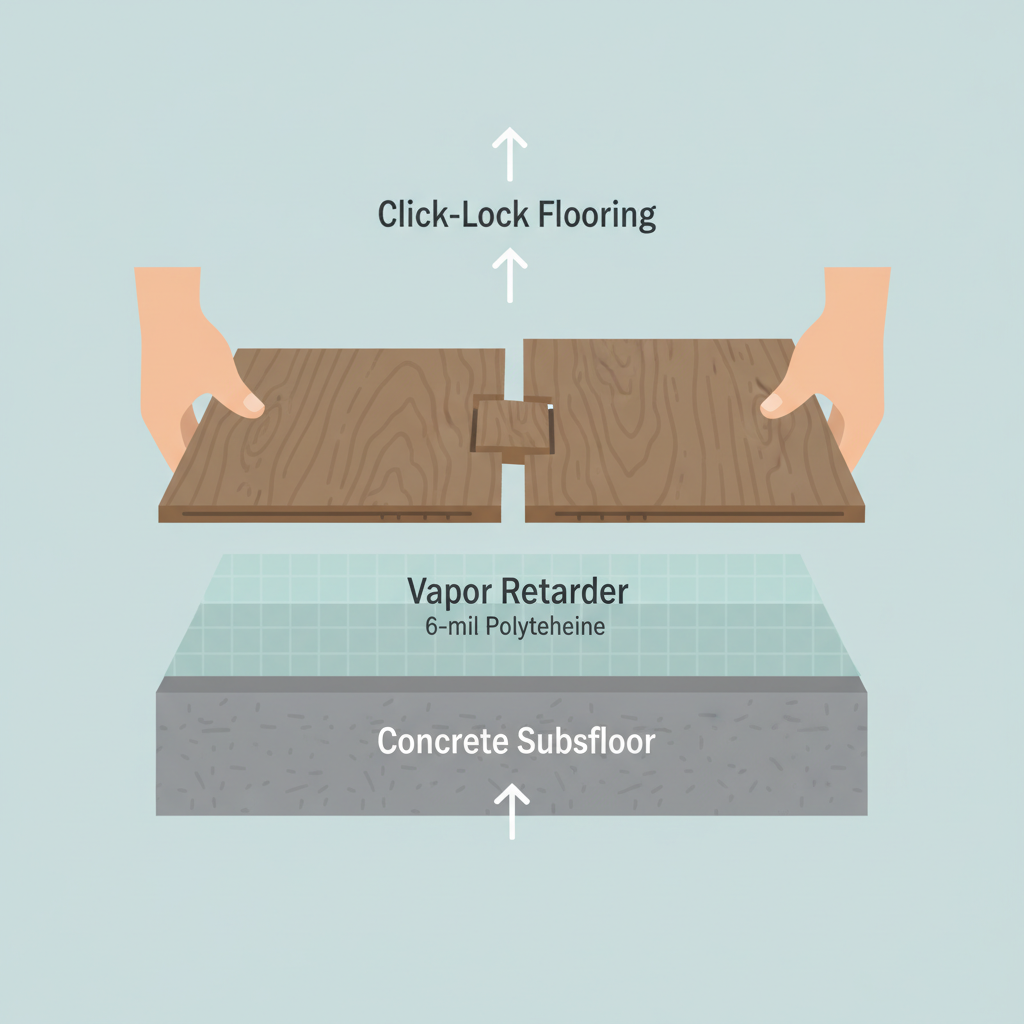 The Foundation of a Waterproof Installation An educational infographic showing the proper installation layers over a concrete subfloor: the concrete slab, a vapor retarder, and the click-lock flooring being installed.