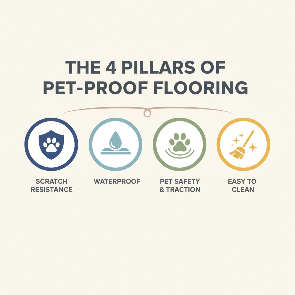A clean and engaging infographic with a central title 'The 4 Pillars of Pet-Proof Flooring'. It features four distinct, minimalist icons in a row: a shield with a paw print for 'Scratch Resistance,' a water droplet repelling off a surface for 'Waterproof,' a dog's paw with grip lines for 'Pet Safety & Traction,' and a sparkling broom for 'Easy to Clean.'