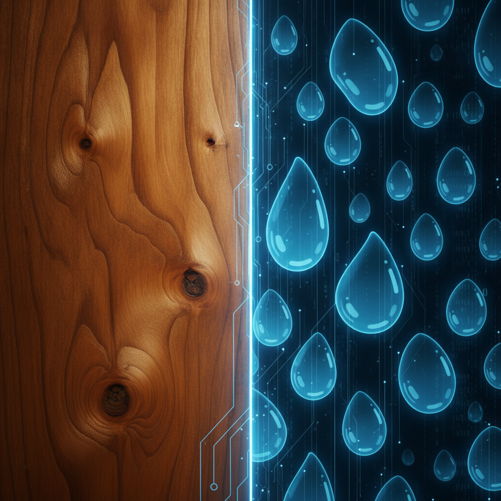 A conceptual split-image showing natural wood grain on the left merging with a blue water droplet pattern on the right, symbolizing the fusion of natural beauty and waterproof technology.